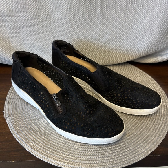 Anne Klein Sport perforated black suede casual shoe with white sole and side zip - Picture 1 of 3